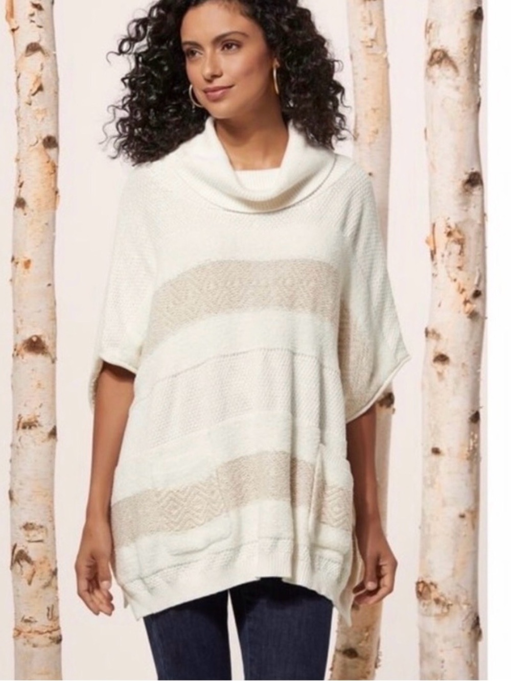 Soft Surroundings Maribel Poncho Cowl Neck Beige Ivory Stripes Cozy L/XL
